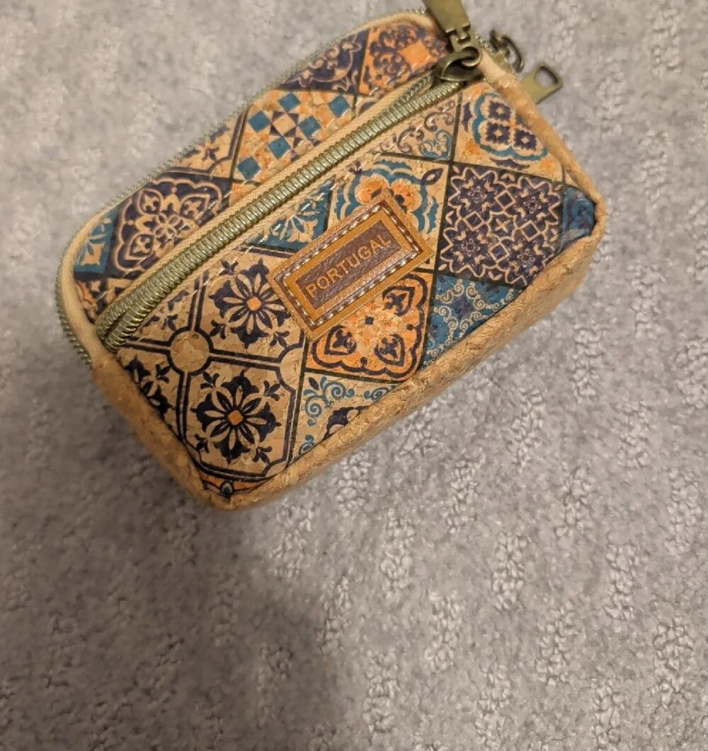 Cork Tile-Print Coin Pouch - Blue & Tan